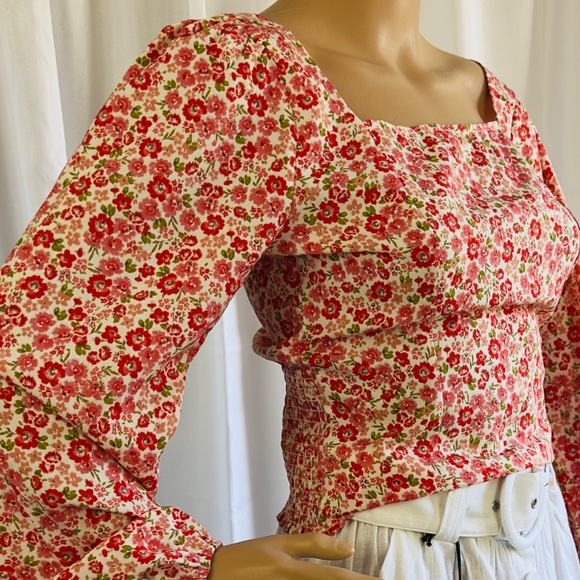 Anthropologie Lush Floral Square Neck Long Sleeve Blouse Cutout Shirred … - Picture 9 of 13